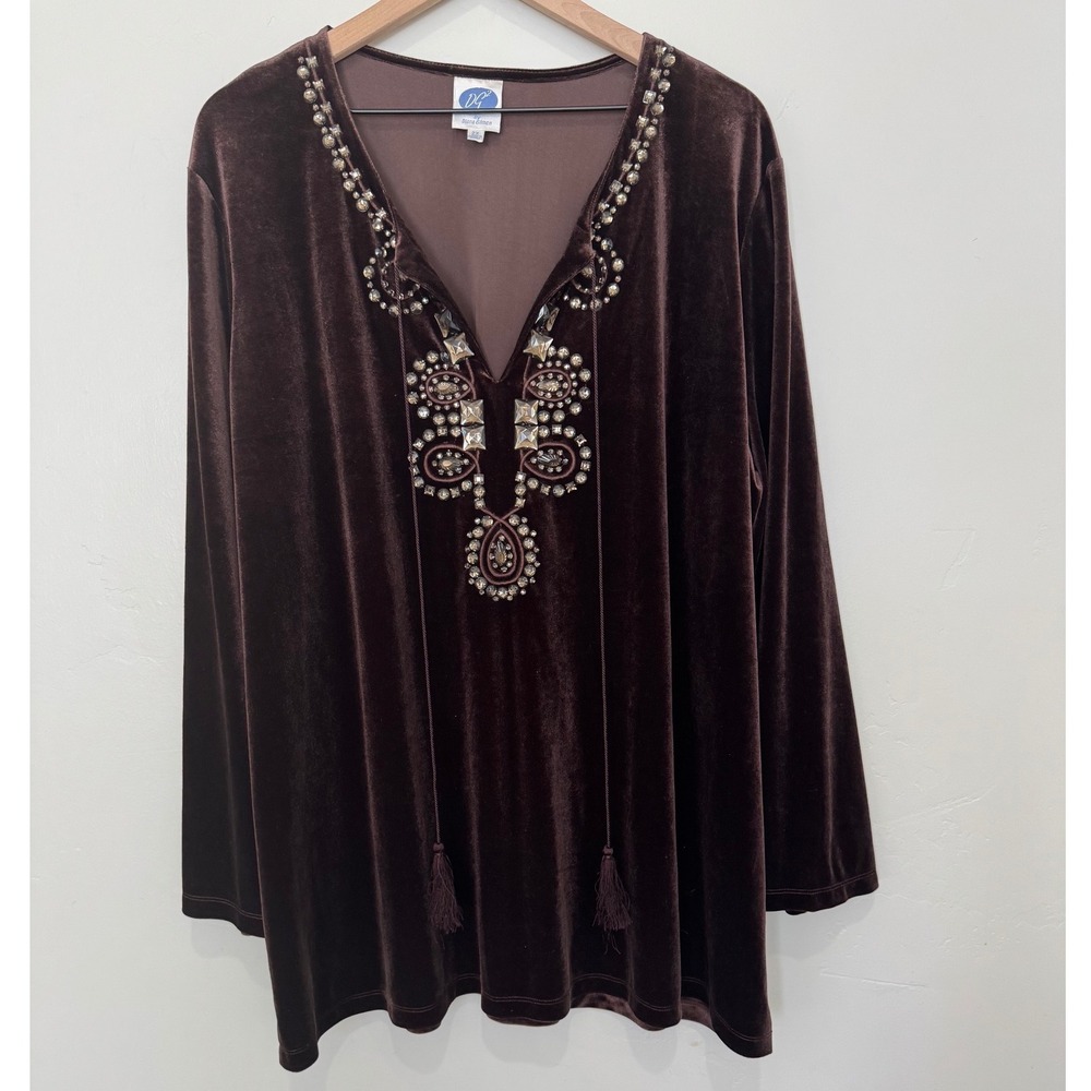 DG2 Diane Gilman Chocolate Brown Velvet Embellished Tunic Top Whimsigoth 2X Boho